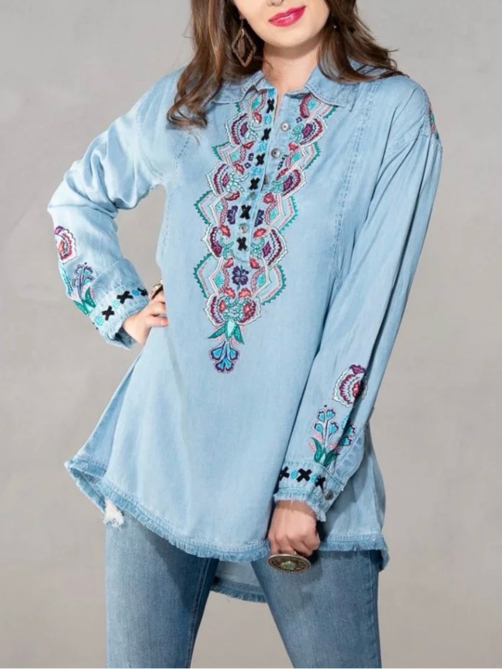 Vintage Collection Women’s Size Sm Chambray Floral Embroidered Shirt Tunic EUC